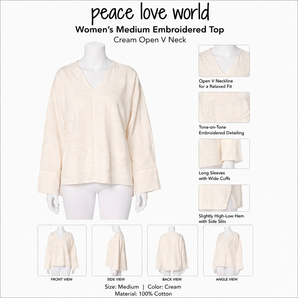 Peace Love World Womens Cream Embroidered V-Neck Linen Blend Relaxed Top Medium